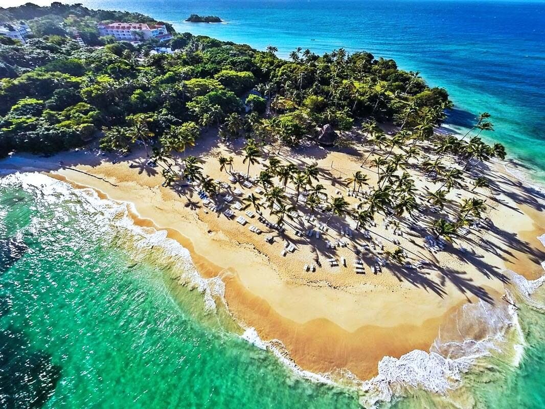 An aerial view of a tropical island.